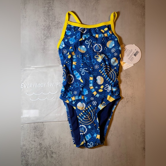 💙 YOUTH SPORTI GRANNY SWEATER DANCING DREIDEL ONE PIECE SWIMSUIT SIZE 26 - Picture 1 of 5